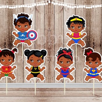 Superhero Baby Girl Cupcake Toppers - African American - Set of 12