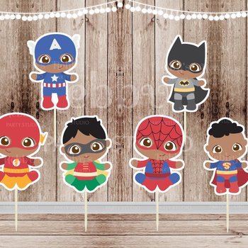 African American Baby Superhero Cupcake Toppers - Set of 12