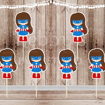 Action Superhero Girl Party - Set of 12 Captain A Girls Inspired Cupcake Toppers