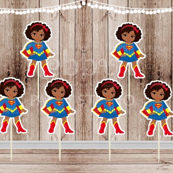 Superhero Girl Party - Set of 16 African American Supergirl Inspired Cupcake Toppers