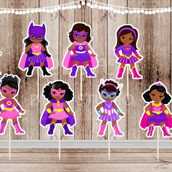 African American Superhero Girl Cupcake Toppers - Pink Party Decor (Set of 16)