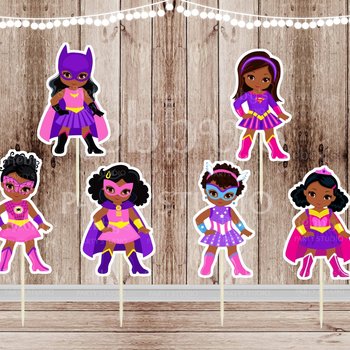 Superhero Girl Cupcake Toppers: African American Birthday Party Decor - Set of 12