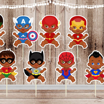 Superhero Baby Boy Cupcake Toppers: African American Theme - Set of 16