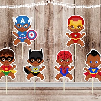 Superhero Baby Boy Cupcake Toppers: African American Party Decor (Set of 12)