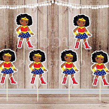 Superhero Girl Party - Set of 16 African American Wonder Girl Inspired Cupcake Toppers