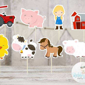 Girl Barnyard Theme Party - Set of 16 Assorted Farm Animals Cupcake Toppers #145