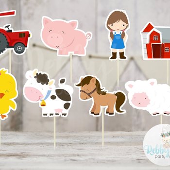 Girl Barnyard Theme Party - Set of 16 Assorted Farm Animals Cupcake Toppers #147
