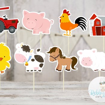 Barnyard Theme Party - Set of 16 Assorted Farm Animals Cupcake Toppers #150