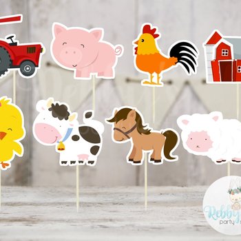 Girl Barnyard Theme Party - Set of 16 Assorted Farm Animals Cupcake Toppers #149