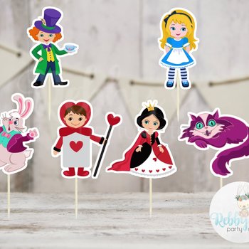 Alice and Friends Party - Set of 12 Assorted Alice in Wonderland Inspired Cupcake Toppers