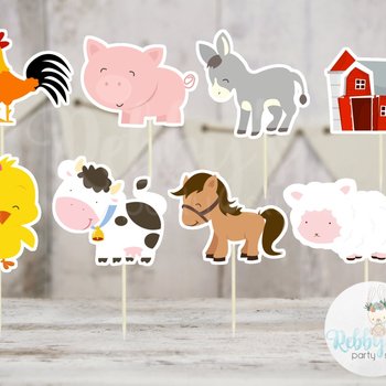 Girl Barnyard Theme Party - Set of 16 Assorted Farm Animals Cupcake Toppers #148