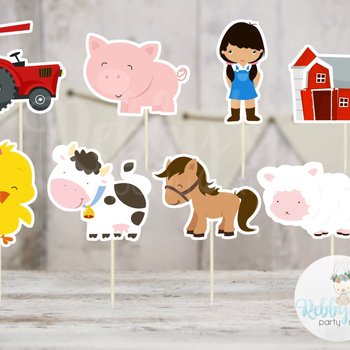 Girl Barnyard Theme Party - Set of 16 Assorted Farm Animals  Cupcake Toppers #146