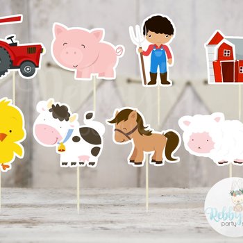 Boy Barnyard Theme Party - Set of 16 Assorted Farm Animals Cupcake Toppers #144