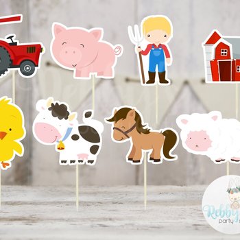Boy Barnyard Theme Party - Set of 16 Assorted Farm Animals Cupcake Toppers #143