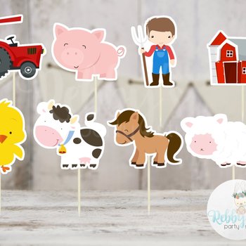 Boy Barnyard Theme Party - Set of 16 Assorted Farm Animals Cupcake Toppers #142