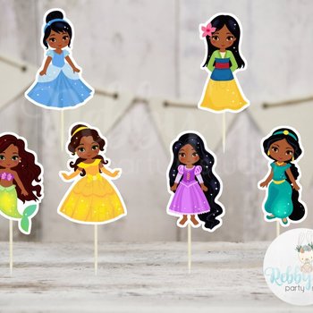 Fairy Tale Party - Set of 12 Assorted African American Princess Cupcake Toppers