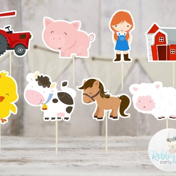 Girl Barnyard Theme Party - Set of 16 Assorted Farm Animals Cupcake Toppers #153