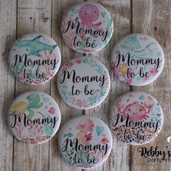 Ocean Friends Baby Shower Party, Personalized Pin Buttons, Under the Sea Mermaid Friends Name Badges