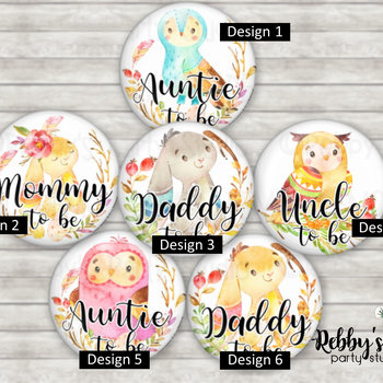 Woodland Baby Shower Pin Button: Personalized Family Member Badge