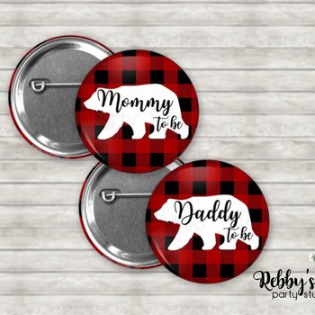 Personalized Buffalo Plaid Bear Pinback Button: Baby Shower Favor