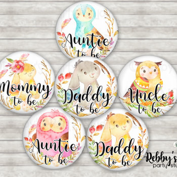 Woodland Baby Shower Pin Button: Personalized Family Member Badge