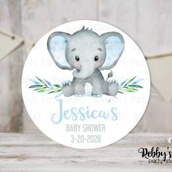 Elephant Baby Shower Blue Personalized Round Sticker