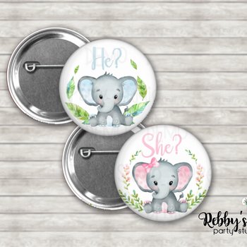 Gender Reveal Party , Elephant He or She Pinback Buttons, Elephant Baby Shower Badges