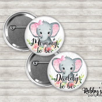 Elephant Girl Baby Shower Pin Button: Custom Family Name Badge