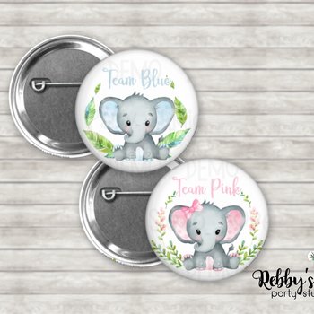 Elephant Gender Reveal Buttons | Team Blue & Team Pink Baby Shower Pins