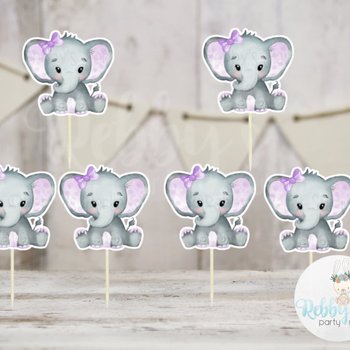 Girl Elephant Theme  - Set of 12 Purple Elephant Baby Shower Cupcake Toppers