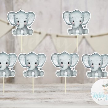 Boy Elephant Theme  - Set of 12 Gray Elephant Baby Shower Cupcake Toppers