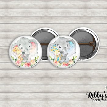 Elephant & Bunny Floral Pin Buttons – Baby Shower Party Favors (1 inch)
