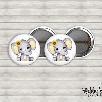 Grey Elephant Mini Pin Buttons – Yellow Ears & Sunflower Bow Party Favor Packs (1 inch)