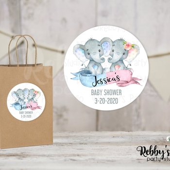 Twin Baby Elephant Baby Shower Pink and Blue Personalized Round Sticker