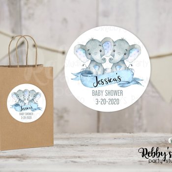 Twin Blue Baby Elephant Baby Shower Personalized Round Sticker