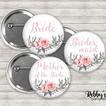 Deer Antlers Bridal Shower Pin Button: Boho Floral Party Badge