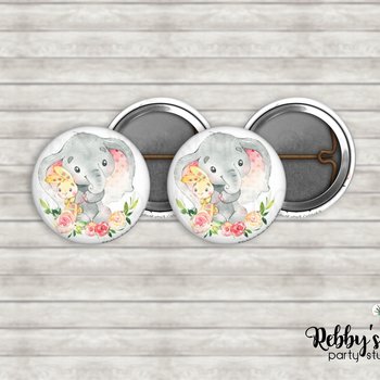 Elephant & Bunny Floral Pin Buttons – Baby Shower Party Favors (1 inch)