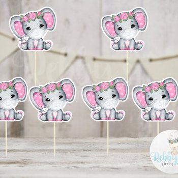 Pink Elephant Cupcake Toppers: Girl Baby Shower Decorations (Set of 12)