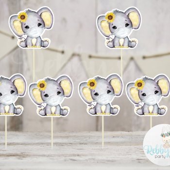 Sunflower Elephant Theme  - Set of 12 Yellow Elephant in Mask Baby Shower Cupcake Toppers