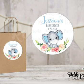 Masked Elephant Baby Shower Blue Personalized Round Sticker