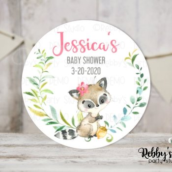 Raccoon Girl Baby Shower Pink Personalized Round Sticker