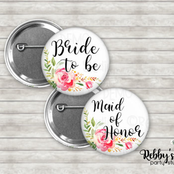 Mellow Floral Bridal Shower Pin Button: Personalized Party Favor