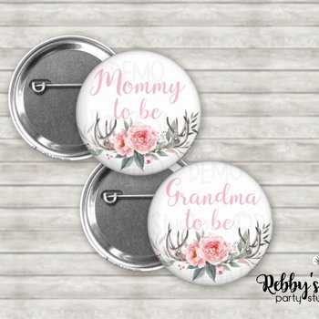 Deer Antlers Baby Shower Pin: Personalized Boho Floral Button Badge