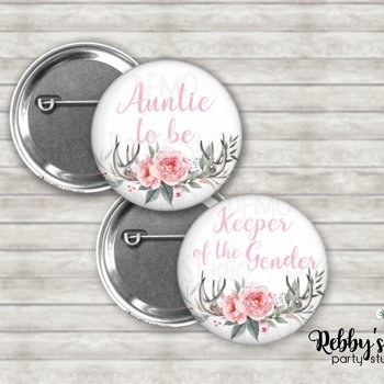 Deer Antlers Baby Shower Pin: Personalized Boho Floral Button Badge
