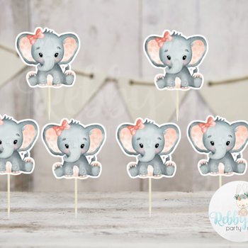 Girl Elephant Theme  - Set of 12 Peach Elephant Baby Shower Cupcake Toppers