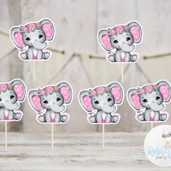 Girl Elephant Theme  - Set of 12 Pink Flower Elephant Baby Shower Cupcake Toppers