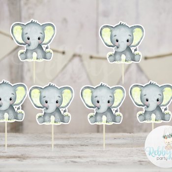 Boy Elephant Theme  - Set of 12 Yellow Elephant Baby Shower Cupcake Toppers