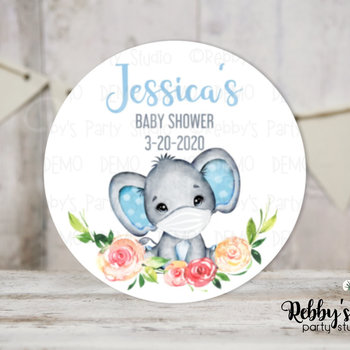 Masked Elephant Baby Shower Blue Personalized Round Sticker