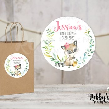 Raccoon Girl Baby Shower Pink Personalized Round Sticker