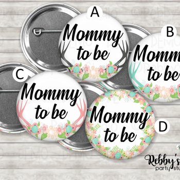 Baby Deer Antlers Baby Shower Pin Button: Personalized Floral Badge
